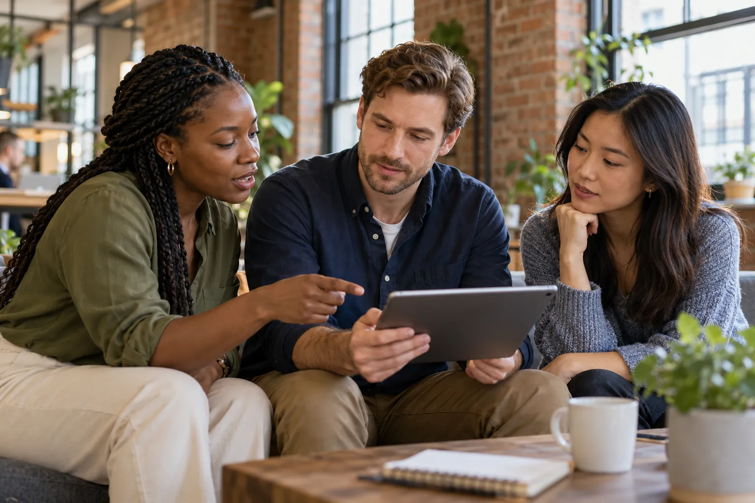 Trois professionnels de différentes origines préparent ensemble un projet autour d’une tablette